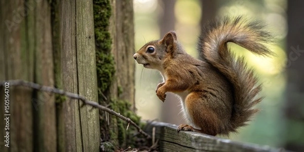Fototapeta Cute red squirrel eating a nut on a tree branch in the park, a small wild rodent with fluffy fur and a bushy tail