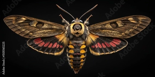 Fototapeta A beautiful colorful butterfly with yellow and orange wings flies isolated on a black background