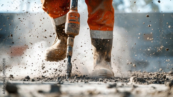 Obraz Worker operates electric jackhammer to break concrete and create dynamic dust cloud during construction activity