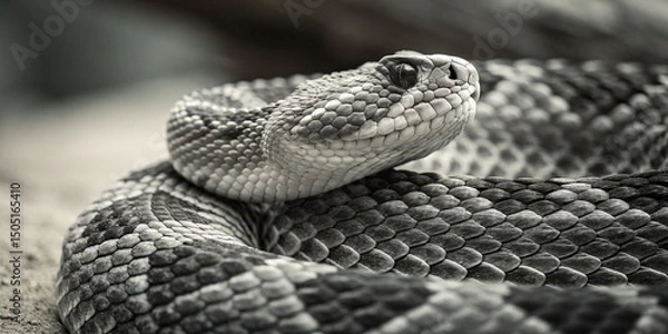 Fototapeta Close up of a dangerous coiled brown rattlesnake in the desert with scales and tongue visible, a venomous reptile in its natural wildlife habitat