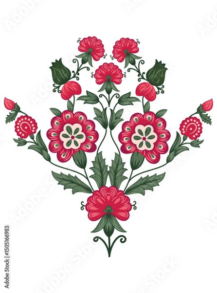 Obraz This stunning image showcases an intricate, abstract Indian floral design. Delicate, swirling patterns and vibrant, jewel-toned flowers dance across the canvas, set against a crisp, white background