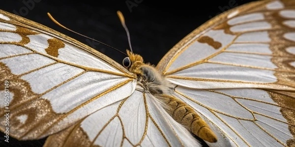 Fototapeta A macro closeup of a brown butterfly on a green leaf with wings open