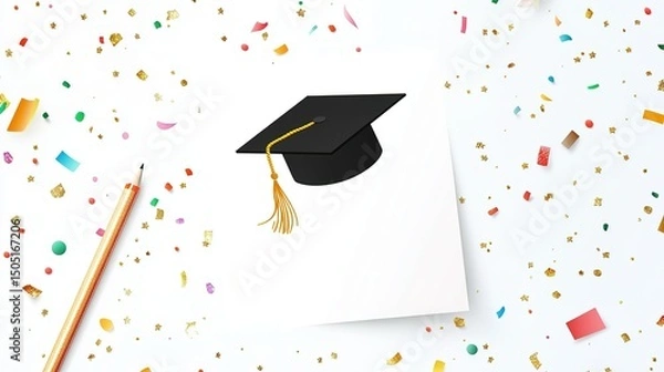 Fototapeta White Paper with Black Graduation Cap (Gold Tassel) Pattern on a White Background, with a Golden Pencil Beside, Surrounded by Colorful Confetti and Golden Star Decorations, Filled with Cheerful Gradua