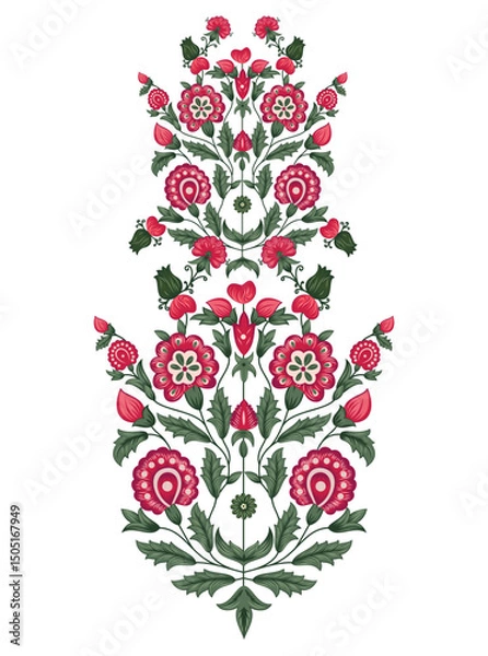 Obraz This stunning image showcases an intricate, abstract Indian floral design. Delicate, swirling patterns and vibrant, jewel-toned flowers dance across the canvas, set against a crisp, white background