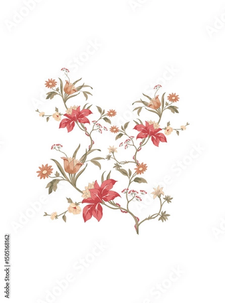 Obraz This stunning image showcases an intricate, abstract Indian floral design. Delicate, swirling patterns and vibrant, jewel-toned flowers dance across the canvas, set against a crisp, white background