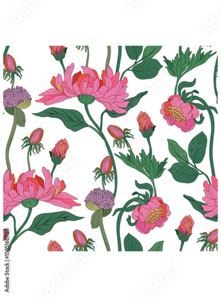 Obraz This stunning image showcases an intricate, abstract Indian floral design. Delicate, swirling patterns and vibrant, jewel-toned flowers dance across the canvas, set against a crisp, white background