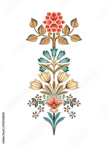 Obraz This stunning image showcases an intricate, abstract Indian floral design. Delicate, swirling patterns and vibrant, jewel-toned flowers dance across the canvas, set against a crisp, white background
