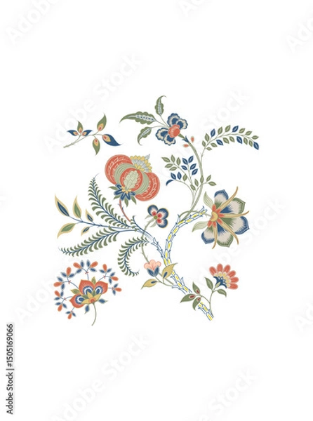 Obraz This stunning image showcases an intricate, abstract Indian floral design. Delicate, swirling patterns and vibrant, jewel-toned flowers dance across the canvas, set against a crisp, white background