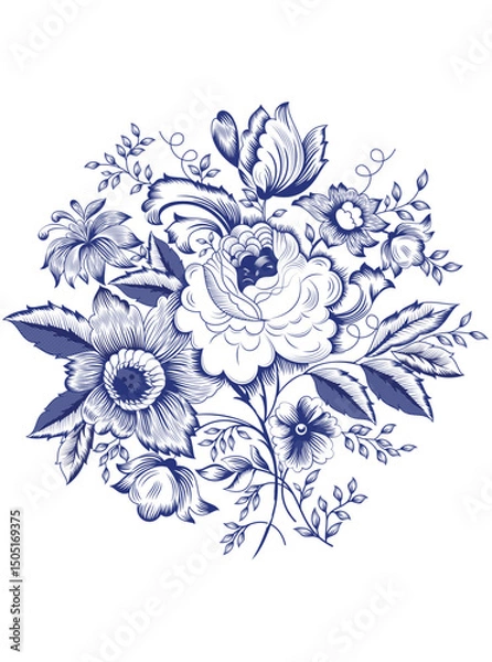Obraz This stunning image showcases an intricate, abstract Indian floral design. Delicate, swirling patterns and vibrant, jewel-toned flowers dance across the canvas, set against a crisp, white background