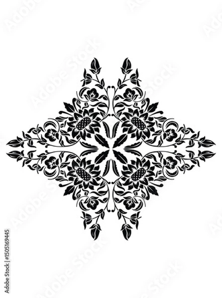 Obraz This stunning image showcases an intricate, abstract Indian floral design. Delicate, swirling patterns and vibrant, jewel-toned flowers dance across the canvas, set against a crisp, white background