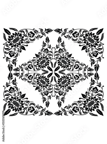 Obraz This stunning image showcases an intricate, abstract Indian floral design. Delicate, swirling patterns and vibrant, jewel-toned flowers dance across the canvas, set against a crisp, white background