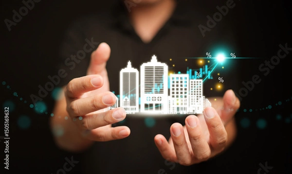 Fototapeta Real estate growth concept with building icons and rising curve on hand, symbolizing property investment, market expansion, and realestate development.