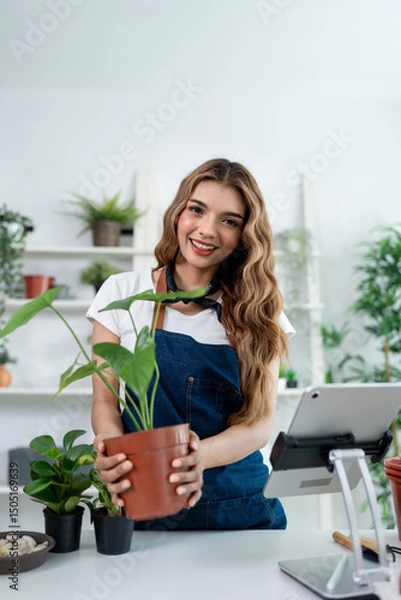Obraz Portrait of Asian woman working and caring for plants in a tree shop. 