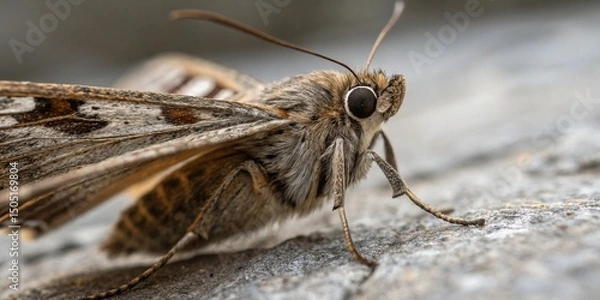 Fototapeta Macro close-up of a brown butterfly, an insect, on a leaf, highlighting its intricate wing detail against a natural background