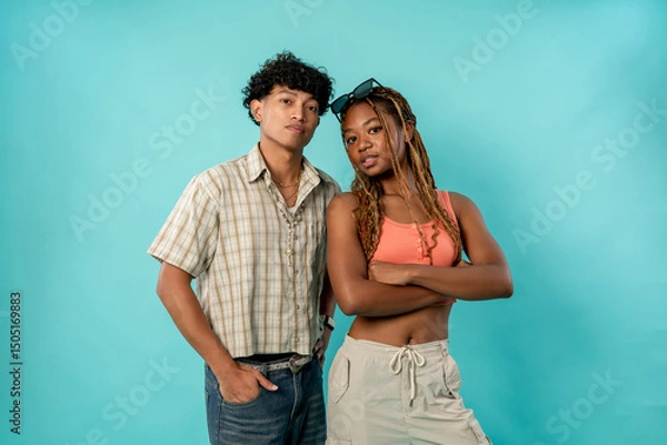 Obraz Portrait of young African American couple posing on isolated blue screen. 