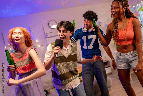 Obraz Group of diverse Generation Z friends enjoying a party in a cozy house.