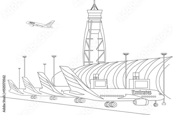 Obraz Dubai International Airport Scene Line Art, Minimalist black and white line drawing illustration depicting a bustling scene at Dubai International Airport. Features a control tower, terminal 