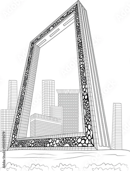 Obraz Dubai Frame Line Art Illustration, Black and white line art illustration depicting the iconic Dubai Frame landmark against a backdrop of modern cityscape buildings. 