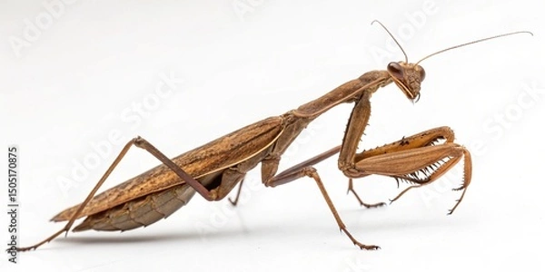 Fototapeta Green praying mantis insect, a close-up wildlife predator, isolated on a white background