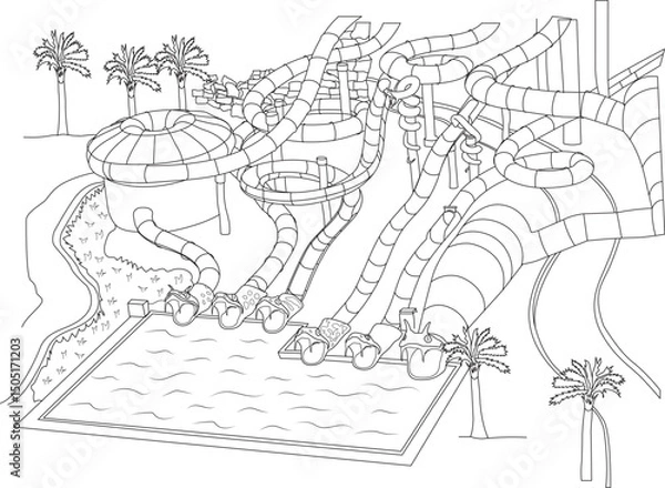 Obraz Line Art Drawing of Water Slides at Yas Island Water Park, Black and white line art illustration depicting a complex water slide structure descending into a swimming pool, surrounded by palm trees 