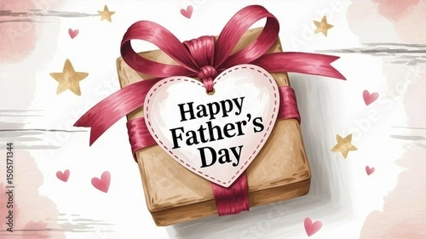 Fototapeta Happy Father's Day tag attached on gift box with ribbon