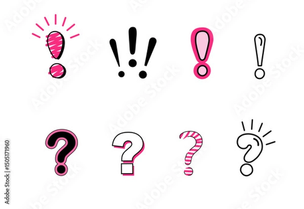 Obraz Exclamation mark icon in red speech bubble. Linear question mark. with black line, doodle style. Vector illustration in a flat style.