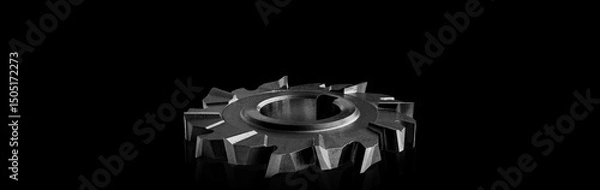 Fototapeta Sharp circular metal disc blade cutter made of durable steel for cutting metal, displayed on black backdrop showing essential tools used by machinists and fabricators in heavy-duty industries