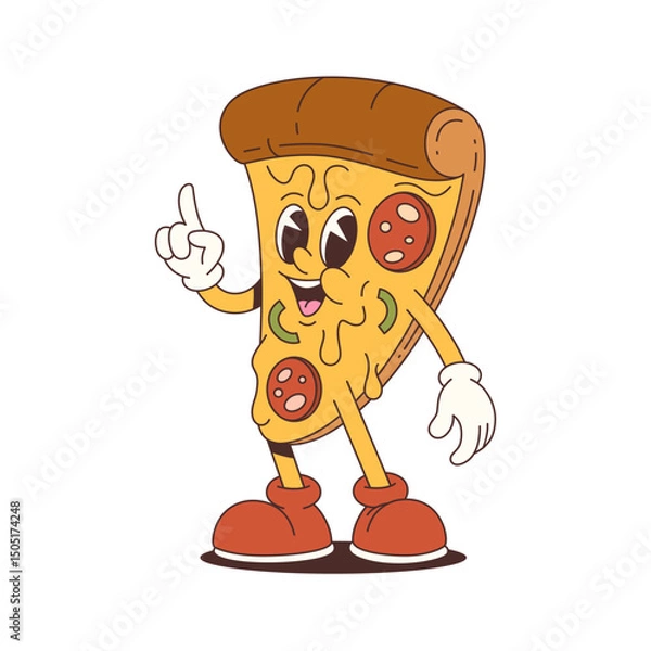 Fototapeta Cheerful pizza mascot wearing gloves and shoes, standing confidently with a friendly expression. Ideal for food marketing, children’s entertainment, and promotional materials. Vector illustration
