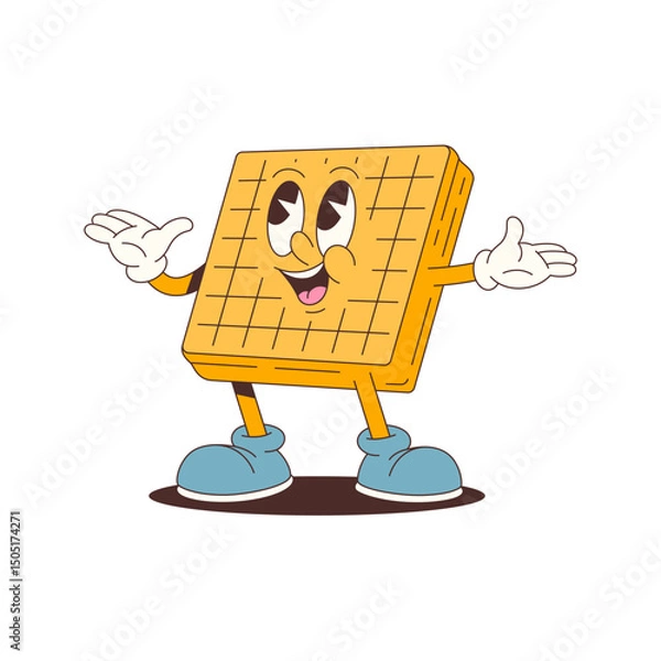 Fototapeta Cheerful animated waffle mascot with friendly face, white gloves, and blue shoes suitable for food branding, advertising, packaging, or fun design purposes. Vector illustration