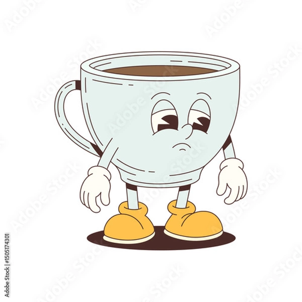 Fototapeta Cartoon mascot of a sad coffee cup with expressive face, brown liquid, and yellow shoes. Great for concepts related to tiredness, energy, or early mornings. Vector illustration