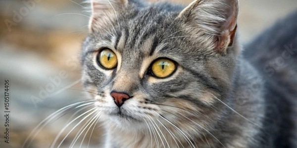 Fototapeta Close-up portrait of a cute domestic tabby cat with beautiful green eyes, curious face, and gray and white fur