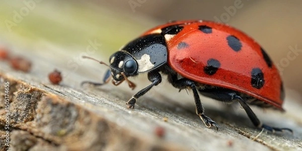 Fototapeta Red ladybug insect on a green leaf in nature