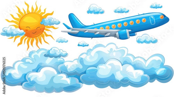 Fototapeta Cartoon airplane flying through fluffy clouds with a cheerful sun smiling in a blue sky for travel and adventure themes