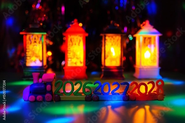 Fototapeta A toy train made of plasticine with the numbers 2026, 2027 and 2028 on the background of glowing lanterns. A festive event.