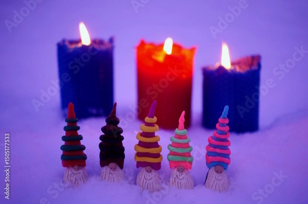 Fototapeta Colorful fairy-tale dwarfs made of plasticine on the background of burning candles.