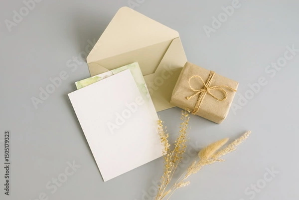 Fototapeta Blank paper card mockup, envelopes and gift box top view on grey blue background. Copy space.Greeting card, holiday , birthday, business, invitation.