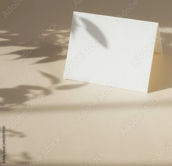 Fototapeta Folded paper blank sheet card mockup with copy space and leaves shadow on beige background . Empty blank mock up abstract backdrop. 
