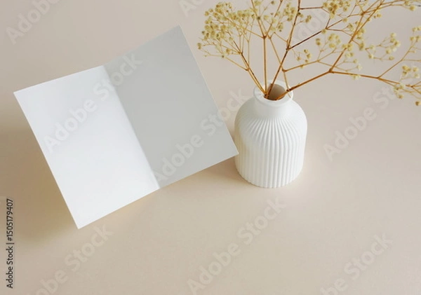 Fototapeta Greeting Card mockup, folded empty white blank,  dry flowers in a vase, on beige background. copy space. Minimalist aesthetic composition