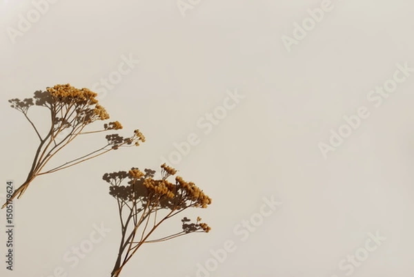 Fototapeta Minimalist beige background template with dry flowers top view and sunlight shadow .copy space. Flowers backdrop mockup. Floral card.Minimal botanical poster