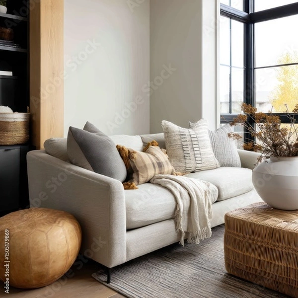 Fototapeta Inviting lounge with soft cushions, modern sofa, and neutral tones throughout the space.