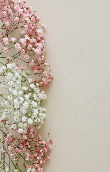 Fototapeta Flowers background template with copy space.Pink and white gypsophila flowers or baby's breath flowers close up frame on light beige background top view . Holiday backdrop.