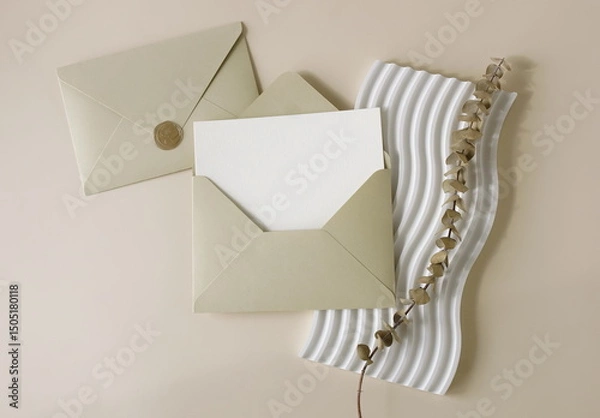 Fototapeta Beige envelopes with blank paper card mockup  inside top view, decor and dry eucalyptus branch on beige background. Copy space.Wedding invitation mockup, greeting card, holiday concept.