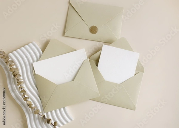 Fototapeta Beige envelopes with blank paper cards mockup  inside top view, decor and dry eucalyptus branch on beige background. Copy space.Wedding invitation mockup, greeting card, holiday concept.