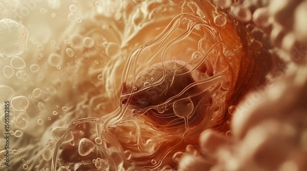 Fototapeta Microscopic visualization depicting tumour cells growing and multiplying within the human body, surrounded by organic tissue, illustrating cancer development