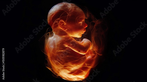 Fototapeta Fetus glowing orange and floating in amniotic fluid on a black background, creating a dramatic and evocative image of pregnancy and new life