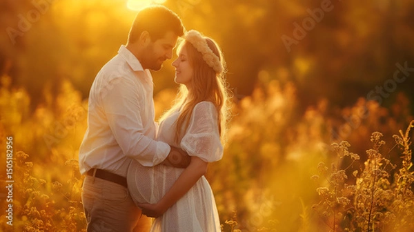 Fototapeta Happy pregnant woman and her husband embracing in a golden meadow at sunset, savoring the enchanting moment of awaiting their baby and celebrating their love and connection