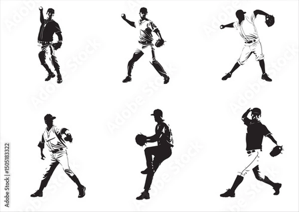 Obraz Baseball Pitcher Silhouette Set – Six Dynamic Throwing Poses Vector Illustration

