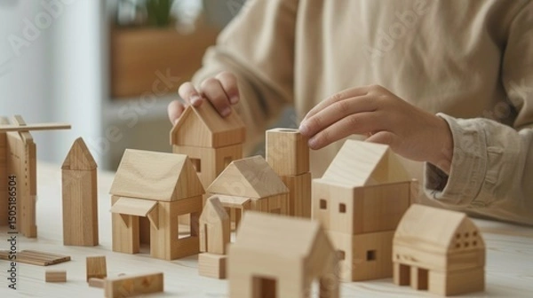 Fototapeta Hands building a miniature village with wooden block houses on a light surface. AI generative..
