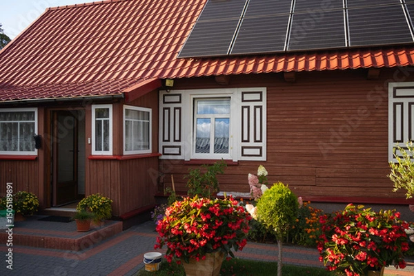 Obraz A house with a red roof and white trim