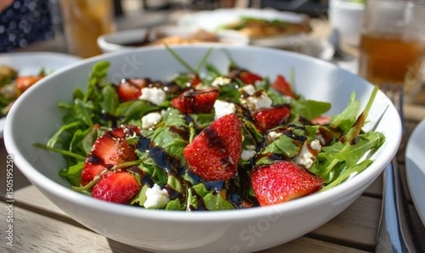 Fototapeta A fresh salad with strawberries, cheese, and arugula drizzled with balsamic glaze in a white bowl.